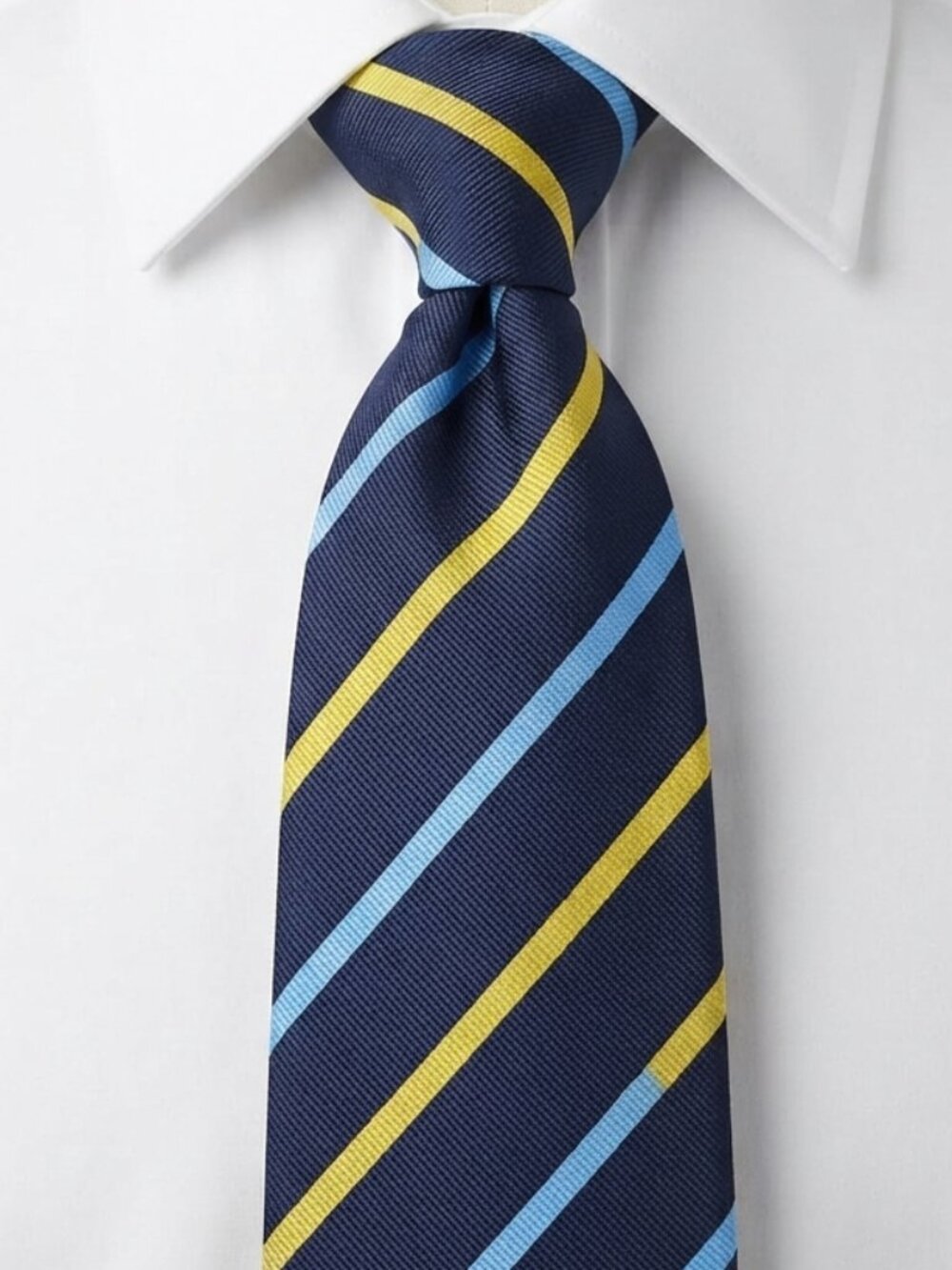 LANDS’ END Men’s Silk Tie Navy Blue Yellow Light Blue Striped Italian Handsewn